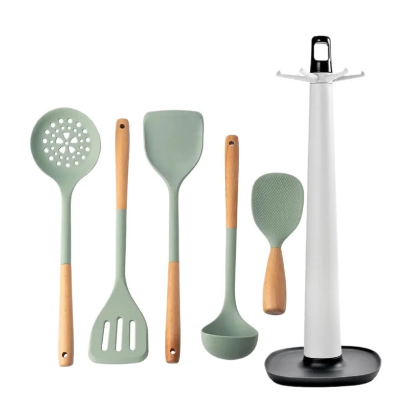 Ustensiles de cuisine en silicone 6 pièces - Résistants à la chaleur avec poignées en bois pour une utilisation pratique