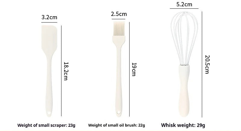Ustensiles Silicone Cuisine – Maryse, Pinceau et Fouet en blanc avec des dimensions affichées