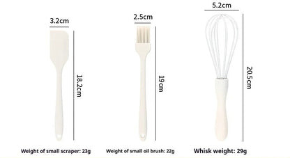 Ustensiles Silicone Cuisine – Maryse, Pinceau et Fouet en blanc avec des dimensions affichées