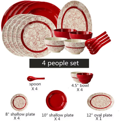 Vaisselle en Porcelaine Haut de Gamme – Set Complet de 4 personnes avec assiettes, bols et cuillères