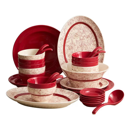 Ensemble complet de vaisselle en porcelaine haut de gamme avec assiettes, bols et cuillères de couleur rouge