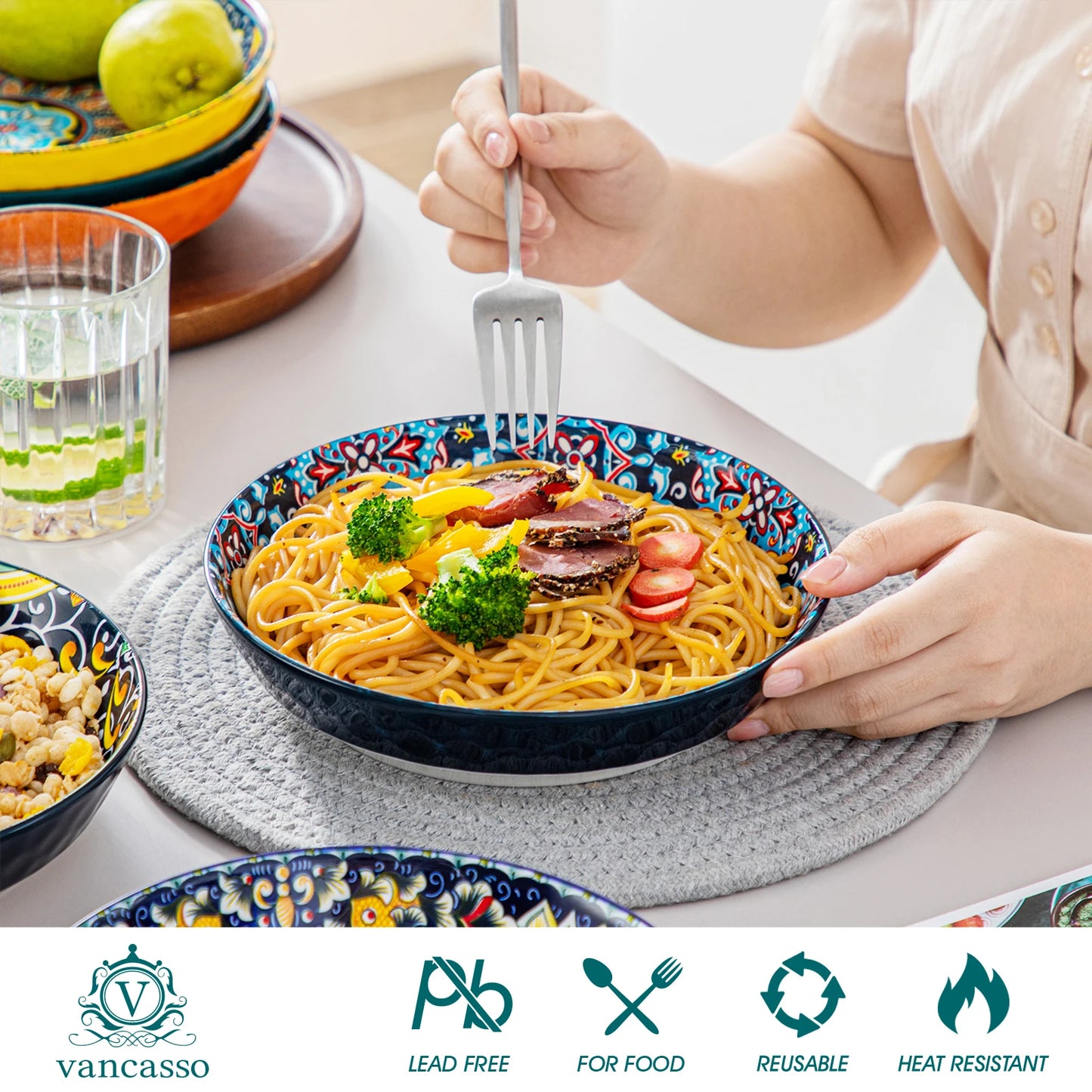 Service de table MALACASA en porcelaine – 24 ou 48 pièces avec des assiettes de pâtes et des garnitures colorées