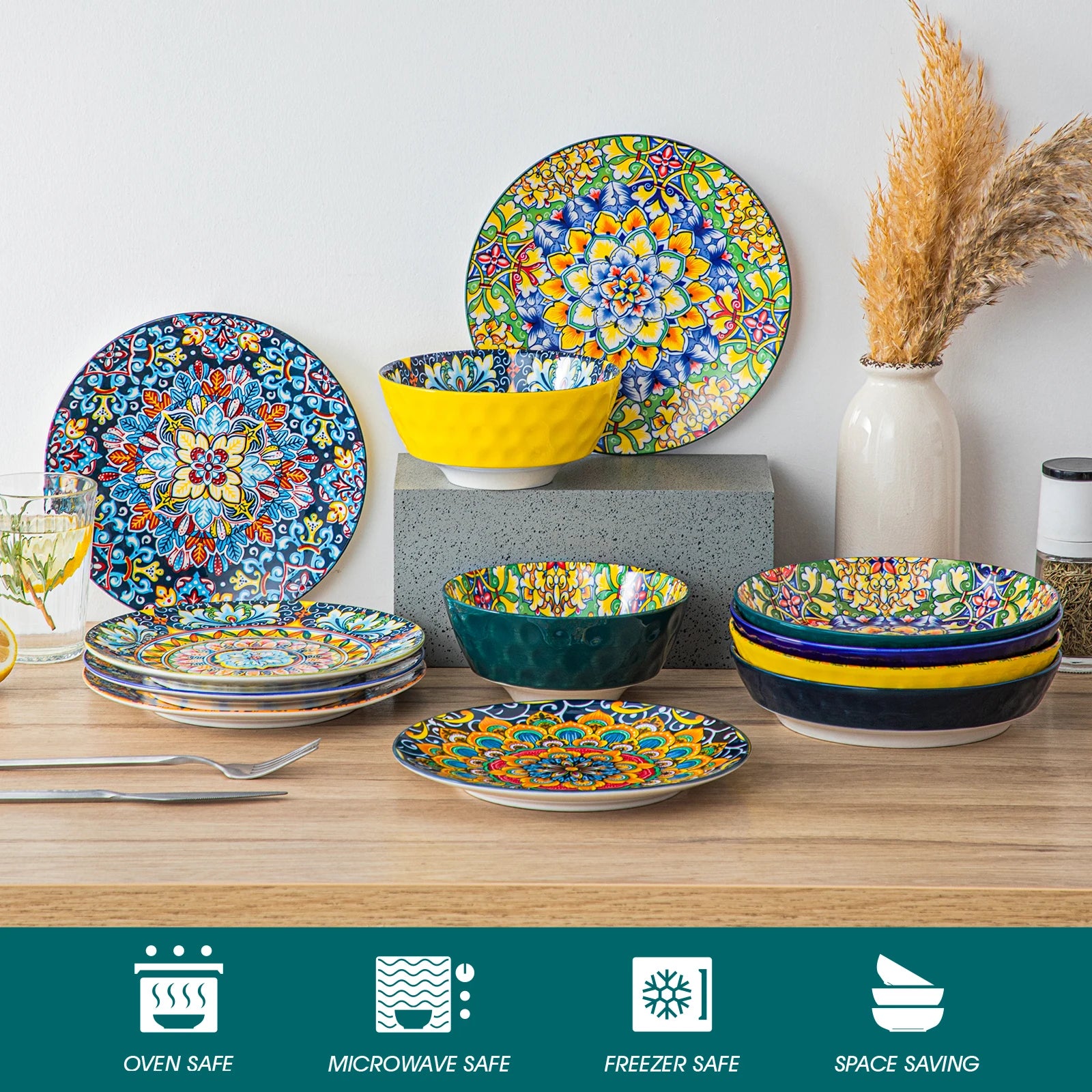 Service de table MALACASA en porcelaine – 24 ou 48 pièces avec des motifs colorés, parfait pour toute occasion