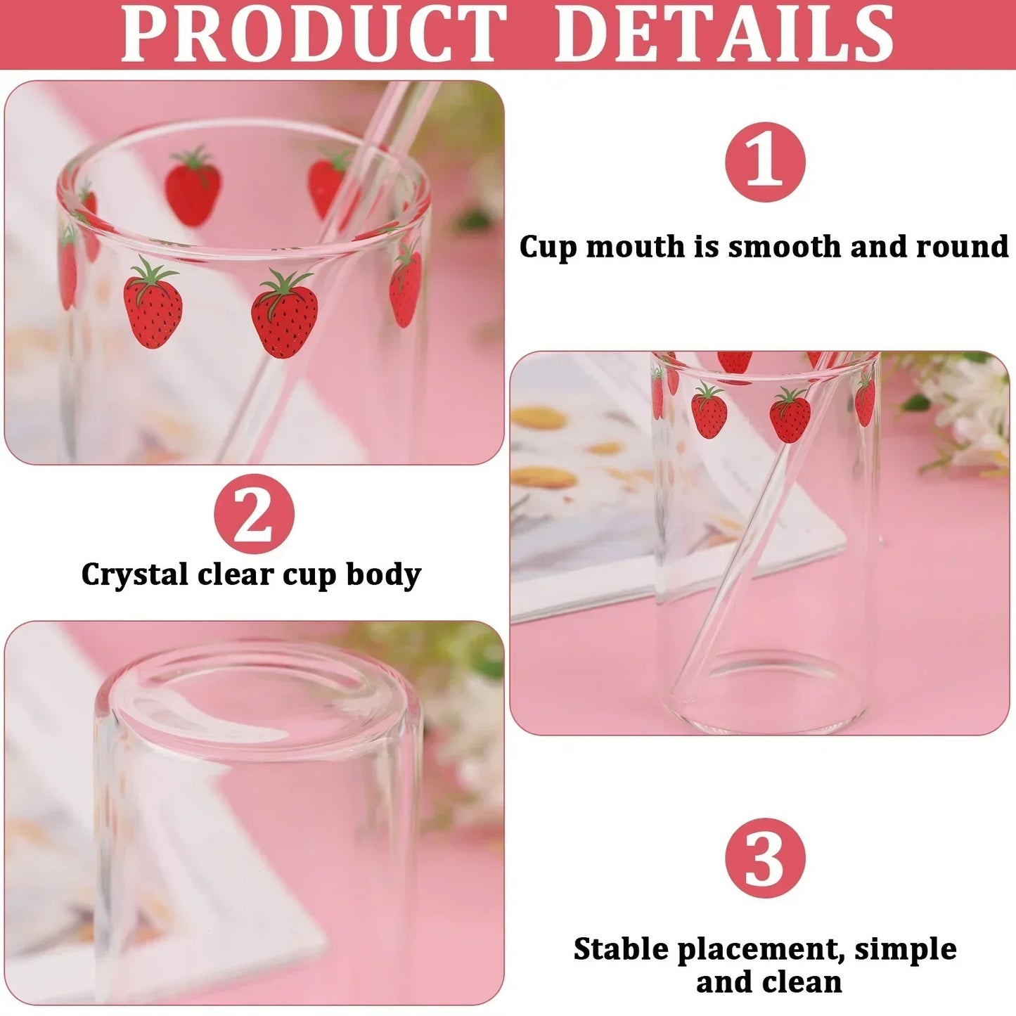 Verre 300 ml Borosilicate Tasse Étanche avec Paille Design Fraise, parfait pour les boissons élégantes