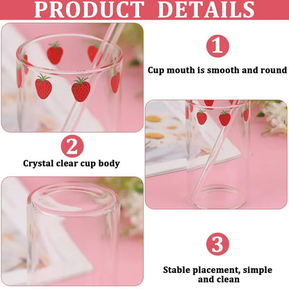 Verre 300 ml Borosilicate Tasse Étanche avec Paille Design Fraise, parfait pour les boissons élégantes