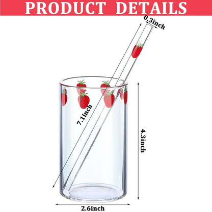 Verre 300 ml Borosilicate Tasse Étanche avec Paille Design Fraise, mesurant 7,1 pouces de haut