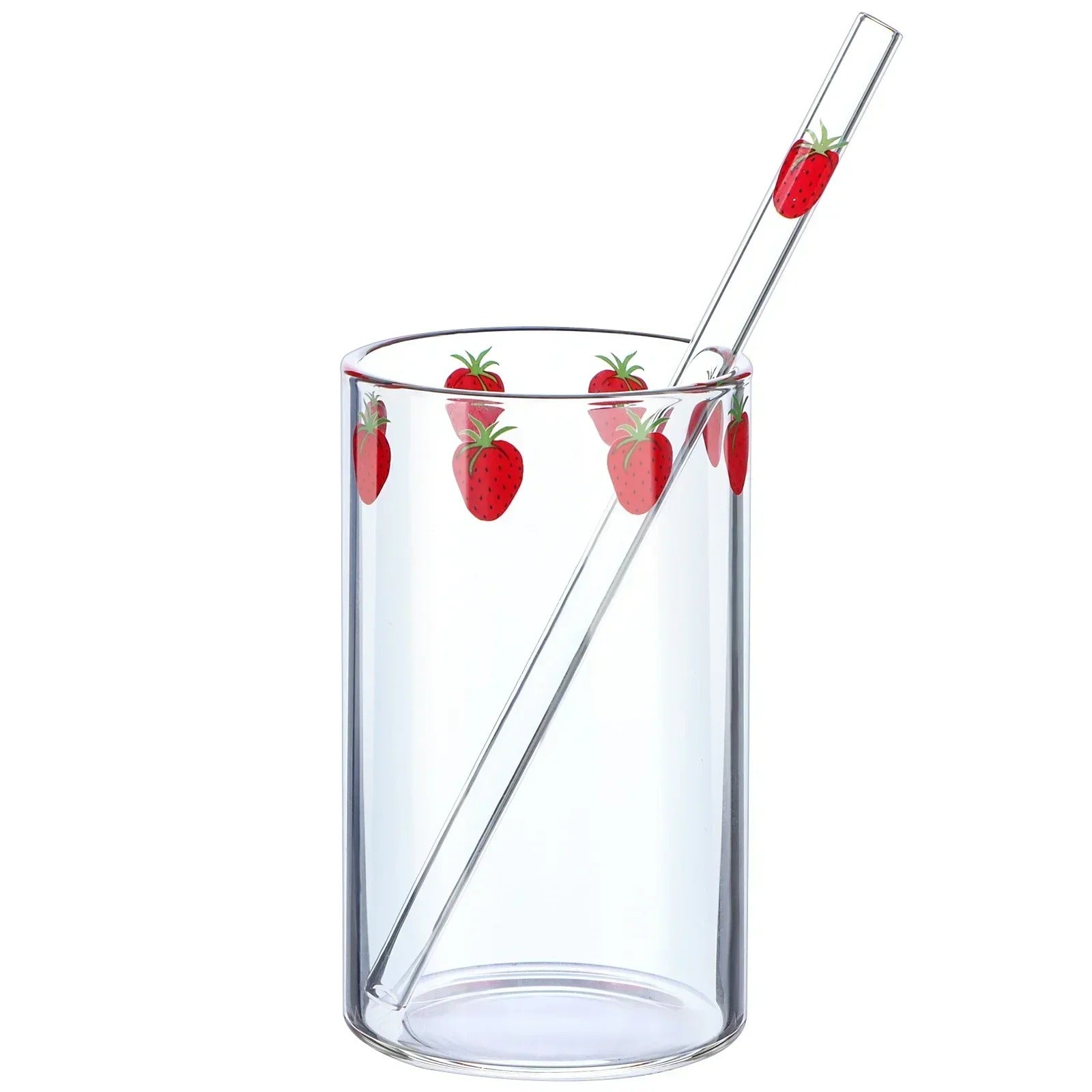 Verre 300 ml Borosilicate Tasse Étanche avec Paille Design Fraise au design coloré et rafraîchissant