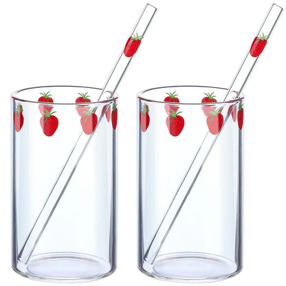 Verre 300 ml Borosilicate Tasse Étanche avec Paille Design Fraise dans un ensemble de deux