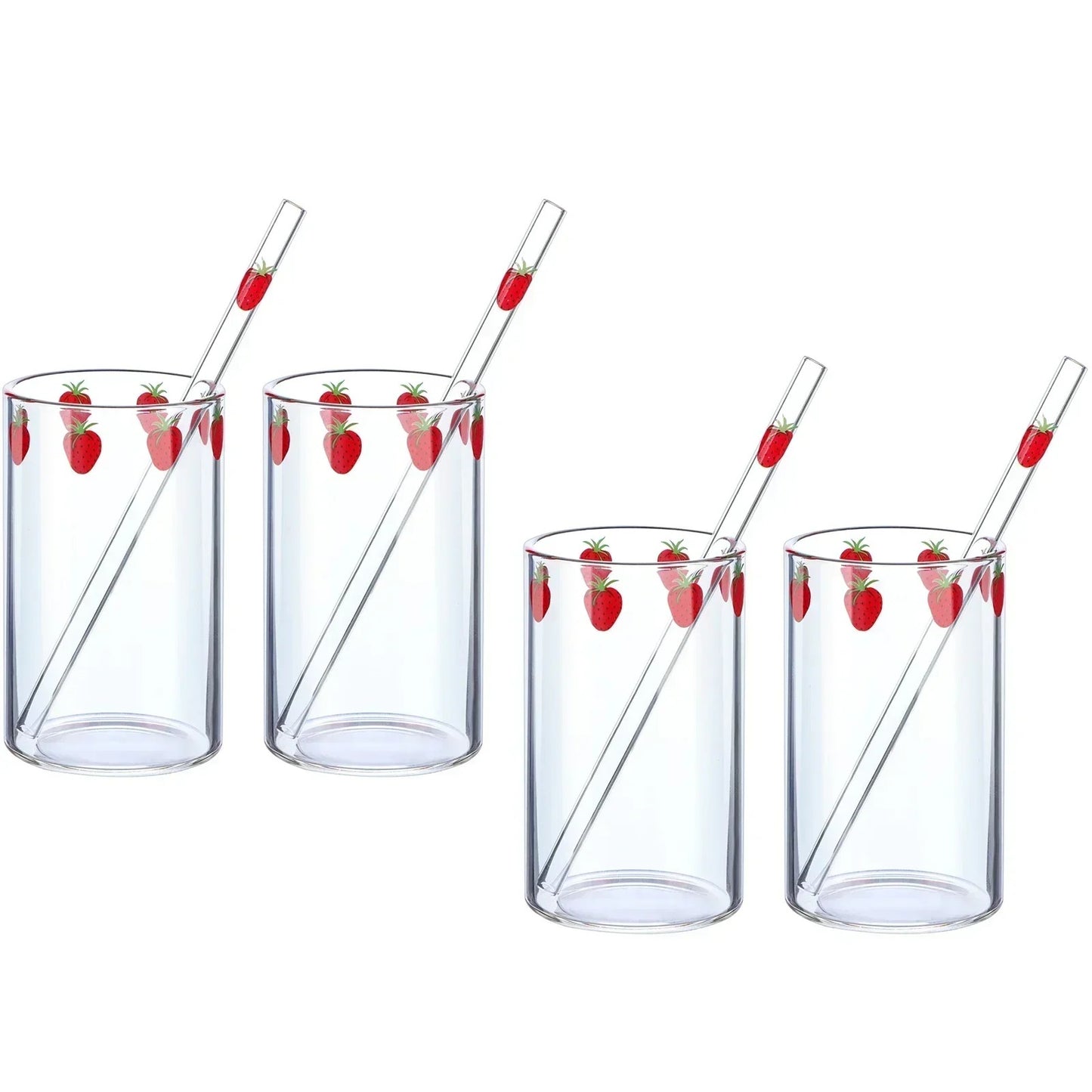Ensemble de quatre verres 300 ml Borosilicate Tasse Étanche avec Paille Design Fraise idéaux pour les boissons estivales