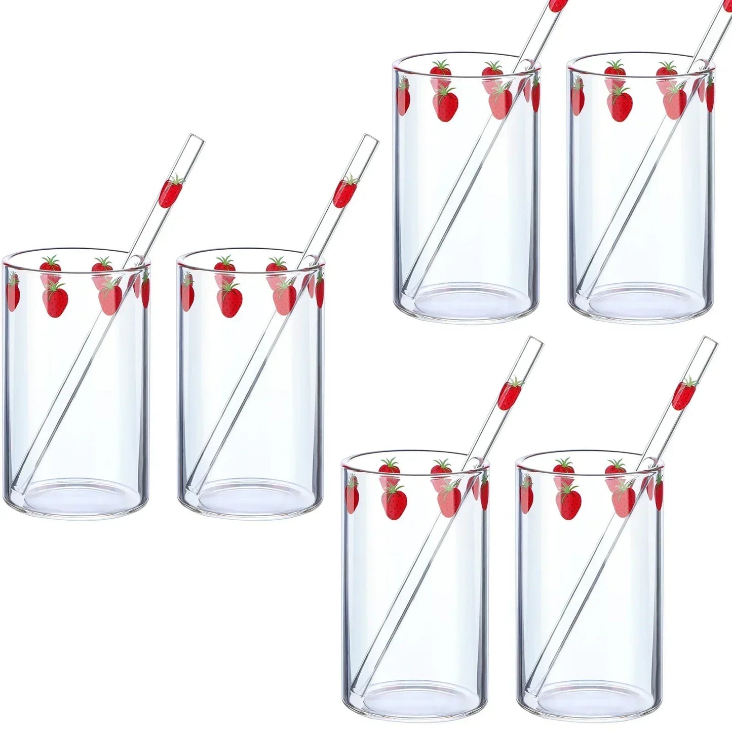 Ensemble de 6 Verre 300 ml Borosilicate Tasse Étanche avec Paille Design Fraise