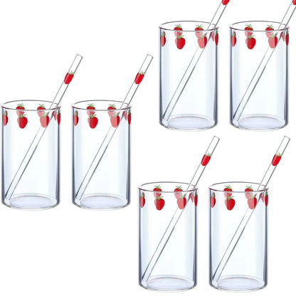Ensemble de 6 Verre 300 ml Borosilicate Tasse Étanche avec Paille Design Fraise