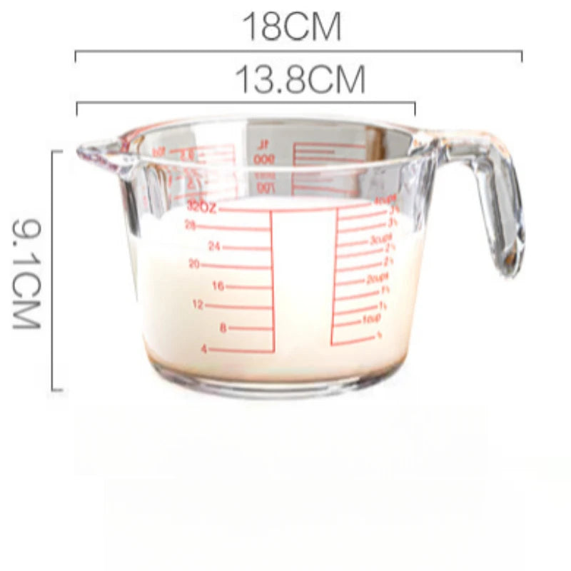 Verre Doseur en Verre 350 500 1000ml transparent avec graduation rouge et poignée ergonomique