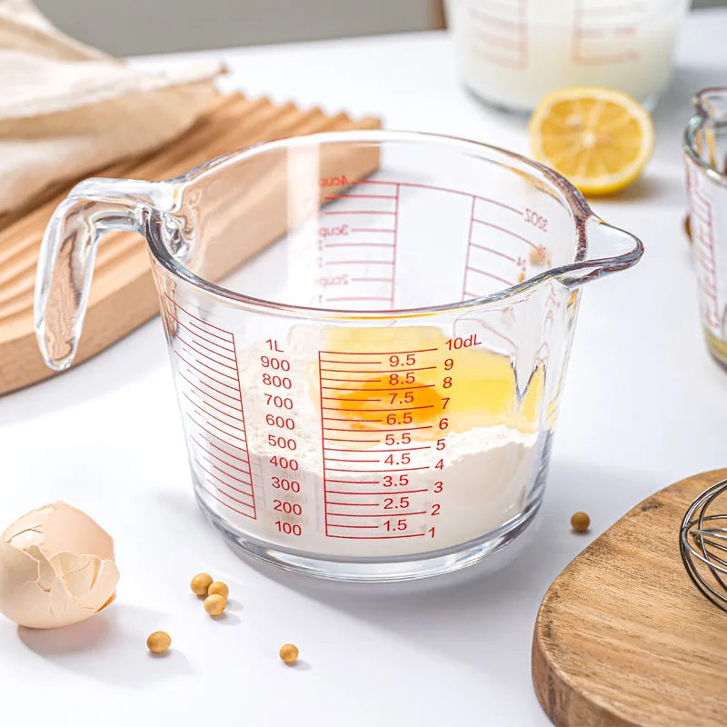 Verre Doseur en Verre 350/500/1000ml avec poignée, graduations rouges, utilisé pour mesurer ingrédients de cuisine