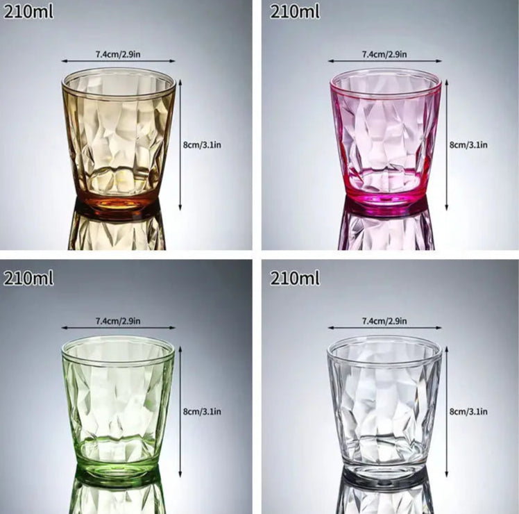 Verres à Table en Verre Transparent – Réutilisables & Éco avec des designs colorés et des dimensions affichées
