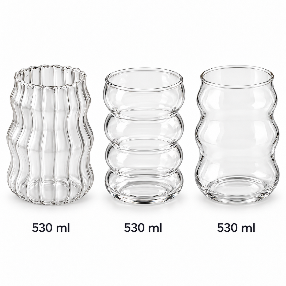 Verres ondulés transparents – Lot de 2 avec designs modernes en verre soufflé, idéal pour boissons et décorations
