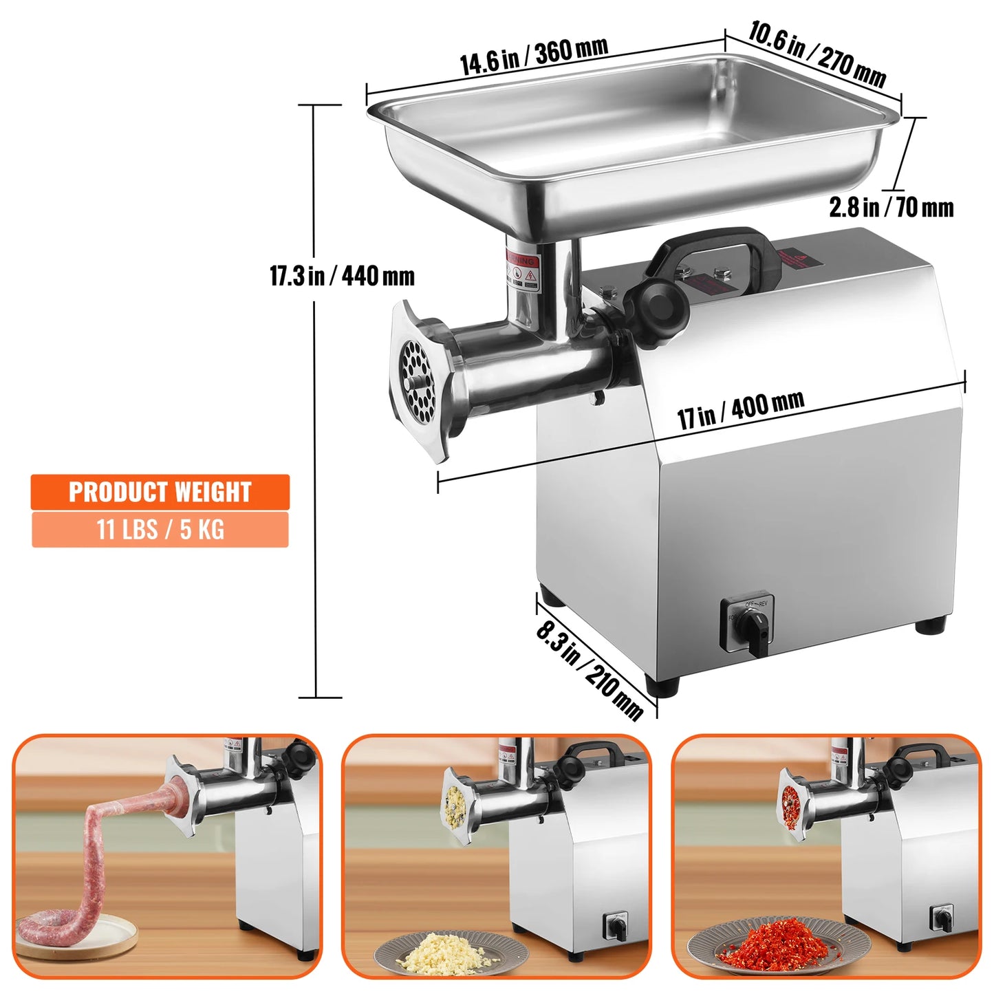 Hachoir à Viande Électrique Professionnel VEVOR – 4600W Max, Inox avec plateau en acier inoxydable et accessoires