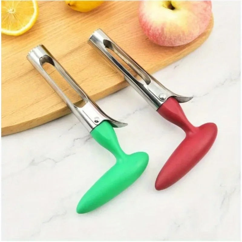 Vide-Pomme Inox Professionnel Évideur Fruits & Légumes en acier inoxydable avec poignées ergonomiques vert et rouge.