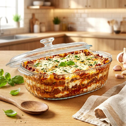 Plat de cuisson en verre borosilicate avec couvercle 1,6 L, idéal pour des lasagnes maison et des recettes savoureuses