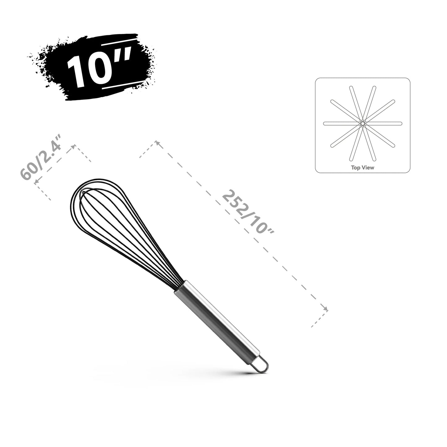 Fouet Ballon Inox 304 Noir – 8, 10 ou 12 pouces avec une vue de dessus et dimensions détaillées
