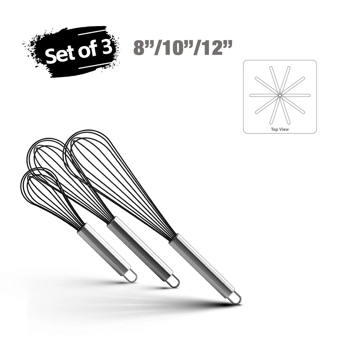 Fouet Ballon Inox 304 Noir – 8, 10 ou 12 pouces, ensemble de 3 ustensiles de cuisine de haute qualité