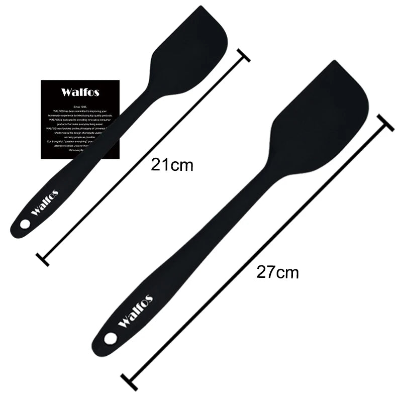 Ensemble de 2 spatules en silicone WALFOS noires, parfaites pour la cuisson et le mélange des aliments.