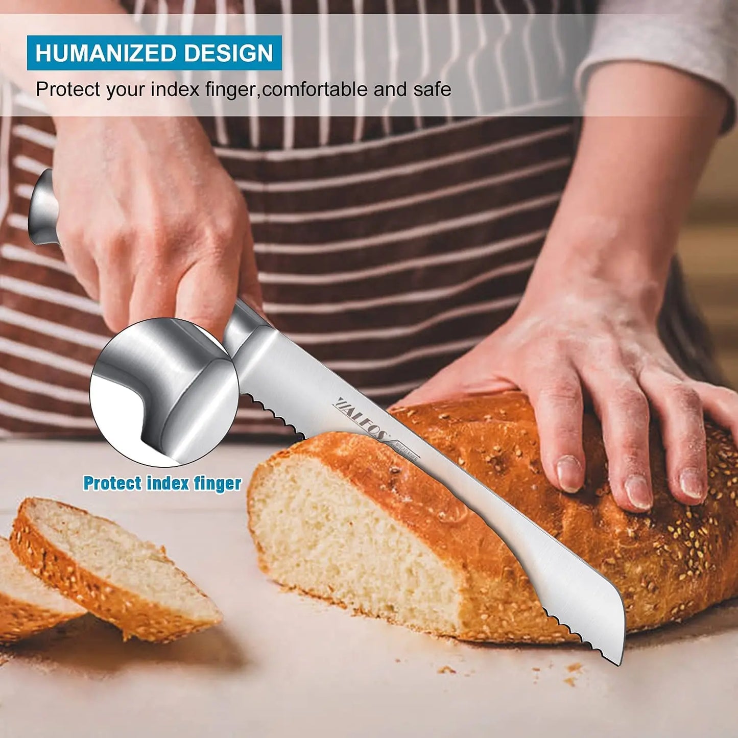 Couteau à Pain Dentelé Inox 20 cm – Manche Antidérapant WALFOS utilisé pour trancher du pain frais en toute sécurité