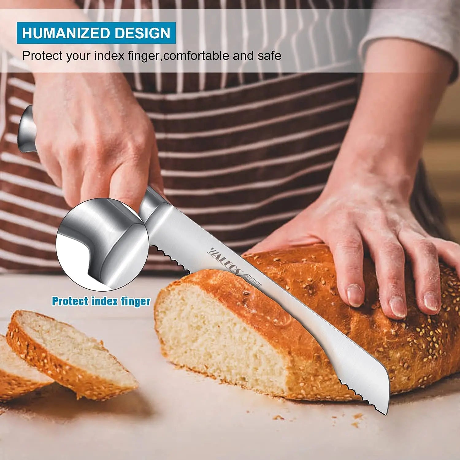 Couteau à Pain Dentelé Inox 20 cm – Manche Antidérapant WALFOS utilisé pour trancher du pain frais en toute sécurité