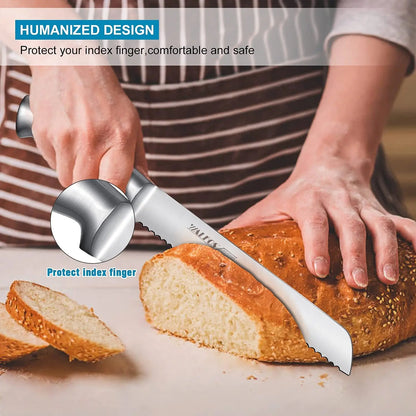 Couteau à Pain Dentelé Inox 20 cm – Manche Antidérapant WALFOS utilisé pour trancher du pain frais en toute sécurité