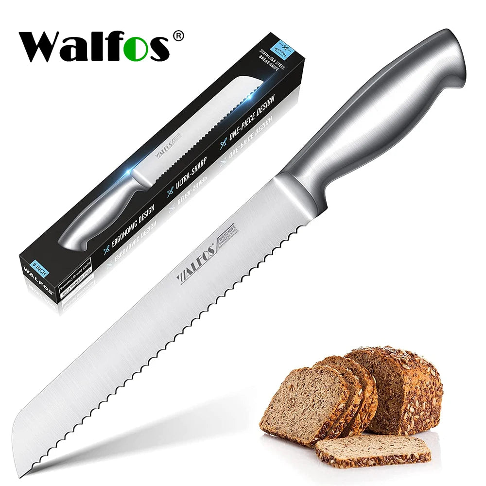 Couteau à Pain Dentelé Inox 20 cm – Manche Antidérapant WALFOS avec pain tranché et emballage