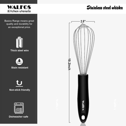 Fouet de cuisine inox Walfos professionnel de 10,2 pouces avec poignée antidérapante et résistante à la chaleur