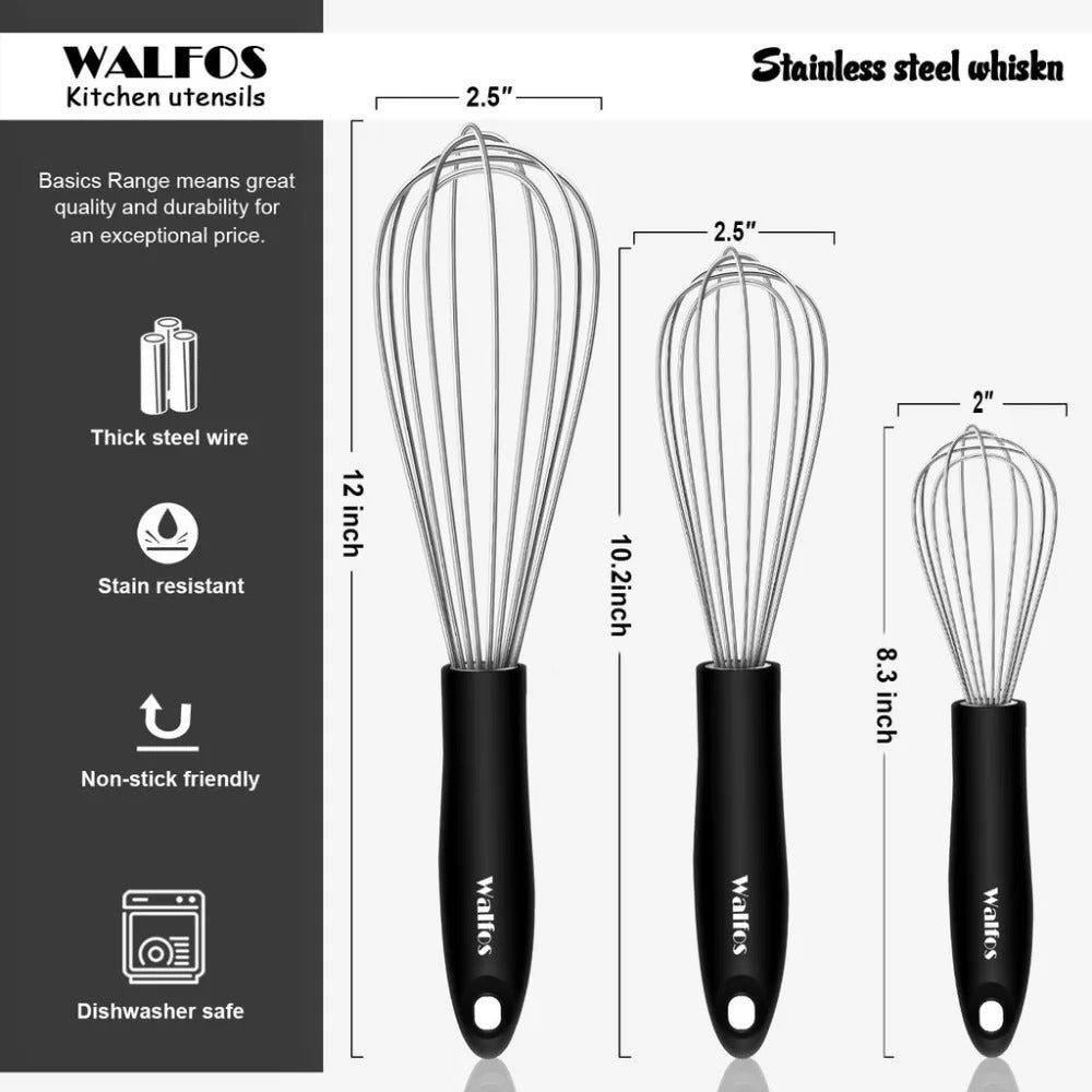 Fouet de cuisine inox Walfos professionnel avec poignée ergonomique et trois tailles différentes