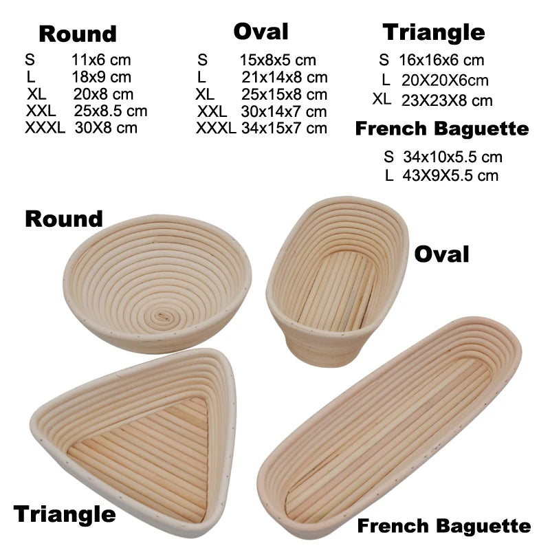 Différents paniers de fermentation en rotin naturel pour pain : rond, ovale, triangle et baguette française