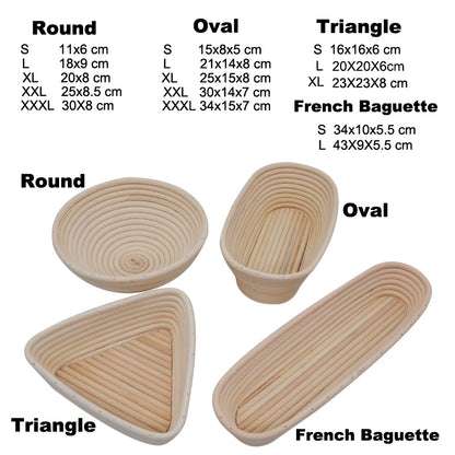 Différents paniers de fermentation en rotin naturel pour pain : rond, ovale, triangle et baguette française