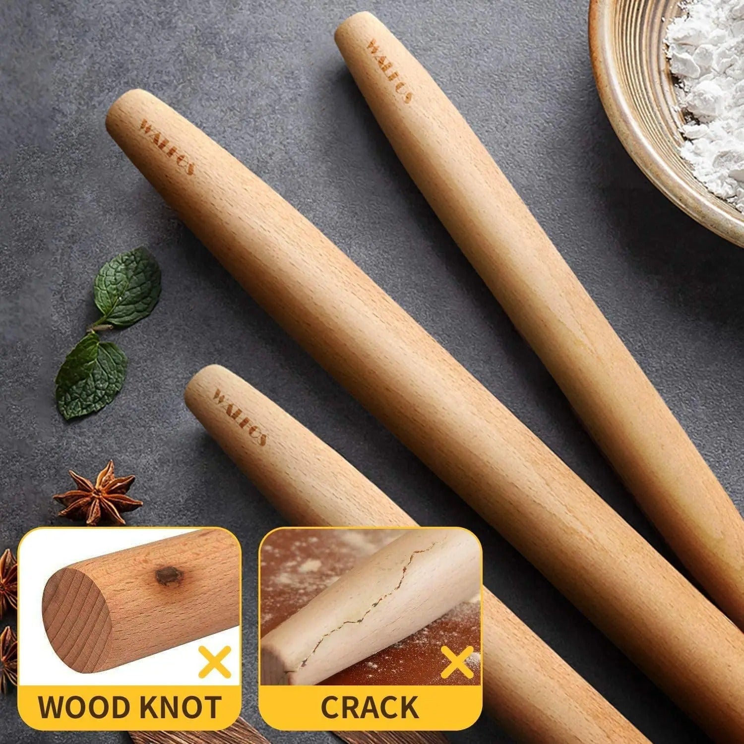 Rouleau à Pâtisserie WALFOS – Bois de Hêtre Naturel Durable en trois tailles pour pâtisserie sans nœuds ni fissures