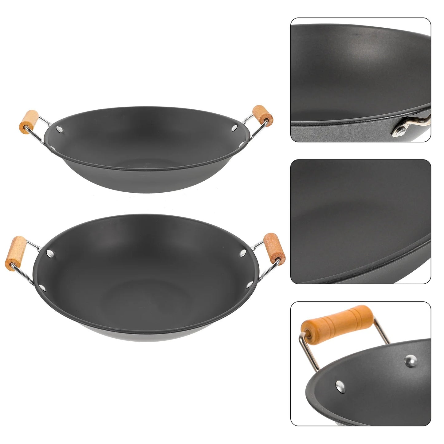 Wok 28 cm en Métal avec Poignées – Lot de 2 poêles noires avec poignées en bois, ustensiles de cuisine