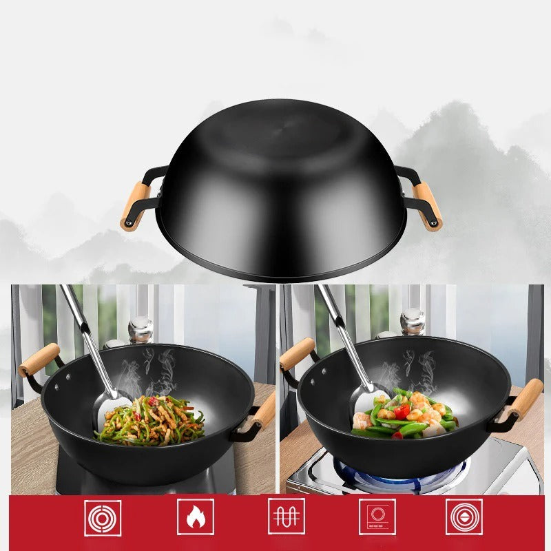 Wok en fer 30 cm avec poignées et manche en bois, idéal pour la cuisine asiatique et la cuisson des légumes