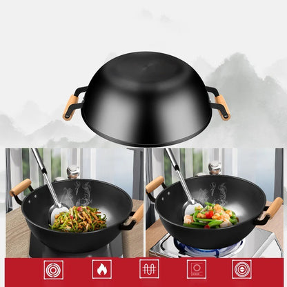 Wok en fer 30 cm avec poignées et manche en bois, idéal pour la cuisine asiatique et la cuisson des légumes