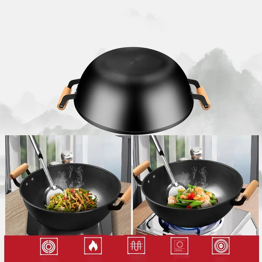Wok en fer 30 cm avec poignées et manche en bois, idéal pour la cuisine asiatique et la cuisson des légumes
