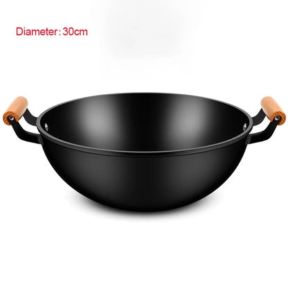 Wok en fer 30 cm avec poignées et manche en bois, idéal pour la cuisson variée et saine.