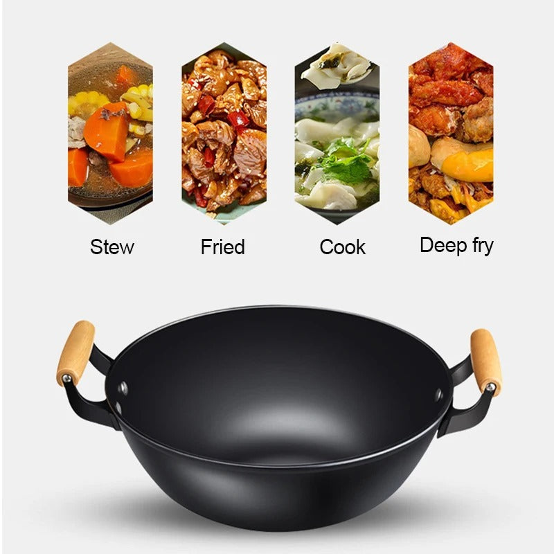 Wok en fer 30 cm avec poignées et manche en bois, idéal pour ragoûts, fritures et cuisson variée