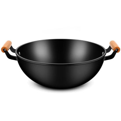 Wok en fer 30 cm avec poignées et manche en bois, idéal pour cuisiner des plats savoureux
