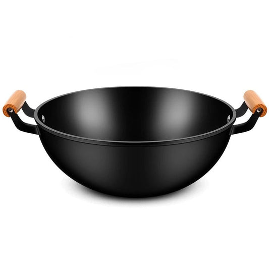 Wok en fer 30 cm avec poignées et manche en bois, idéal pour cuisiner des plats savoureux