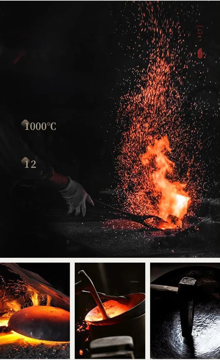 Wok en Fer Forgé 24/28 cm – Antiadhésif Naturel, Induction en cours de fabrication avec des flammes vives