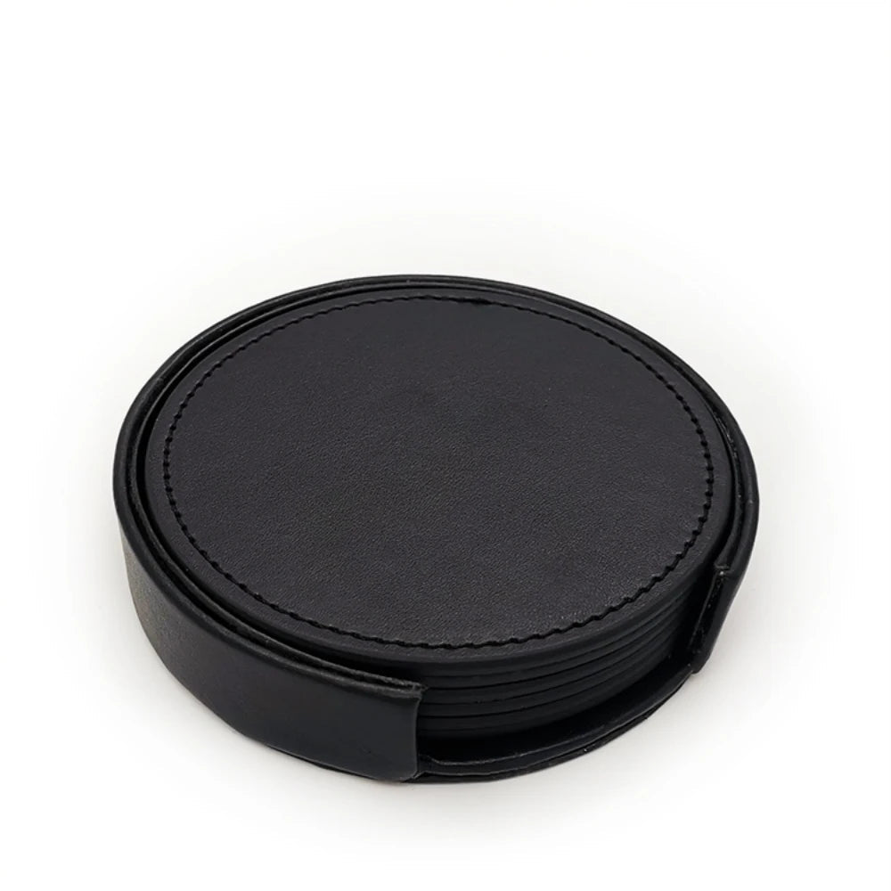 Sous-verres en cuir WOTOR – Lot de 6, Imperméables & Chics dans un support élégant en cuir noir