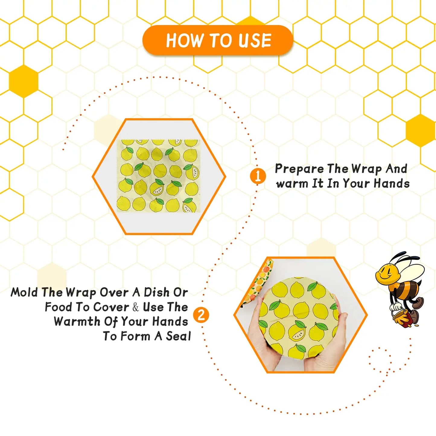 Instruction d'utilisation du Wrap Alimentaire en Cire d’Abeille – Zéro Déchet avec motifs citron