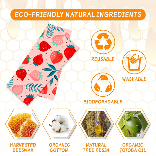 Wrap Alimentaire en Cire d’Abeille – Zéro Déchet avec motifs fraises et ingrédients naturels écologiques