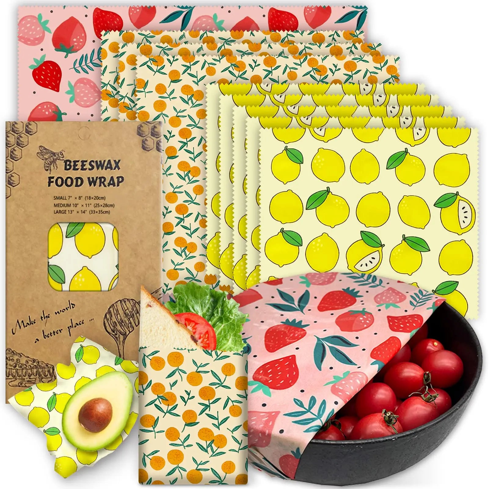 Wrap Alimentaire en Cire d’Abeille – Zéro Déchet motifs fruits pour conserver aliments frais et renforcer zéro déchet