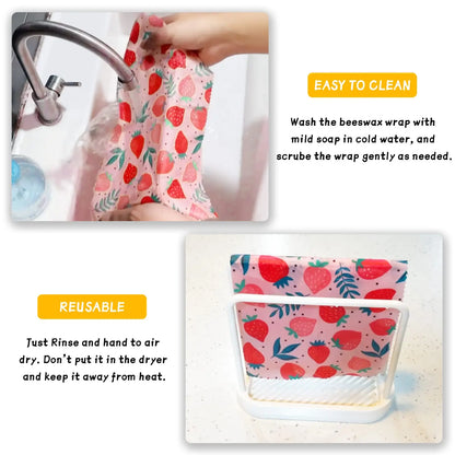Wrap Alimentaire en Cire d’Abeille – Zéro Déchet lavé sous un robinet et séché sur un support avec motif fraises