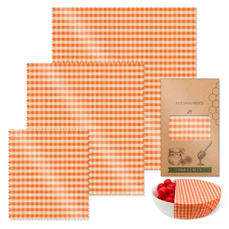 Wrap Alimentaire en Cire d’Abeille – Zéro Déchet à carreaux orange, lot de trois tailles avec emballage écologique