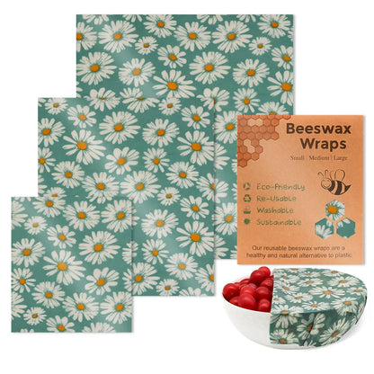 Wrap Alimentaire en Cire d’Abeille – Zéro Déchet avec motif marguerites pour emballage alimentaire réutilisable